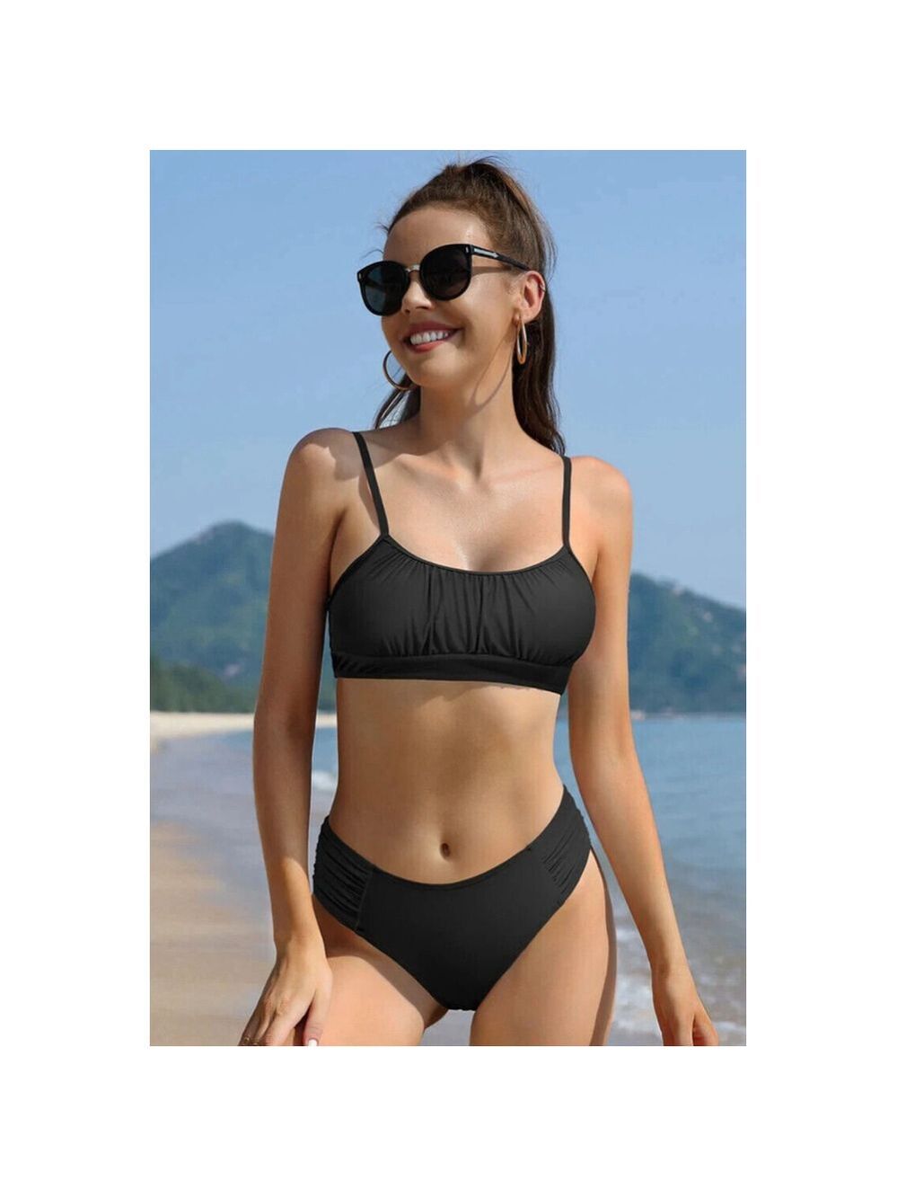 Shekini Shirred Bandeau Ruched High Waisted Bikini in Black Size L
